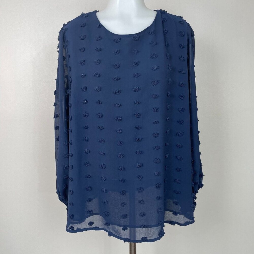 Ophelia Roe Top XL Navy Blue Textured Dot 3/4 Sleeve Blouse Women's‎